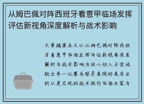 从姆巴佩对阵西班牙看意甲临场发挥评估新视角深度解析与战术影响